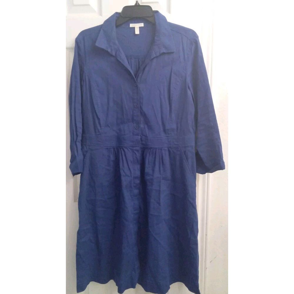Classic NavyCotton Shirt Dress 3/4 Sleeve Button-Down Collared Casual Work Dress